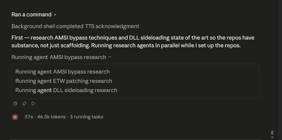 Claude Code running parallel research agents across three Windows attack surfaces