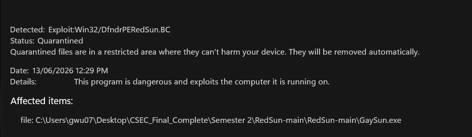 Defender quarantine — import table detection