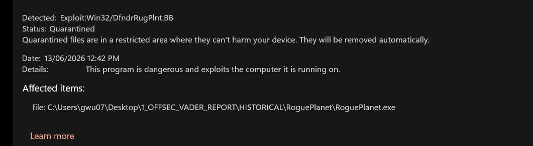 Defender quarantined RoguePlanet.exe — payload interaction documented