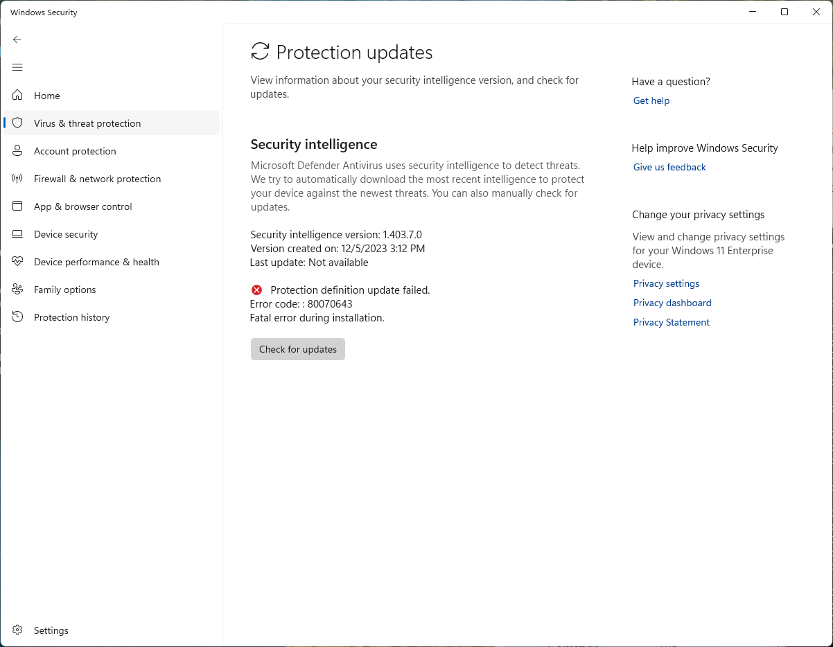 Defender definitions update blocked with error 80070643